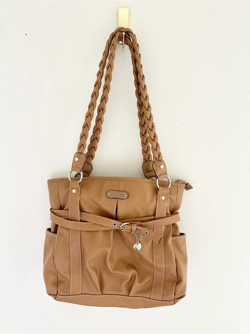 Rosetti Y2K Cognac Brown Braided Handle Hobo Shoulder Bag Purse